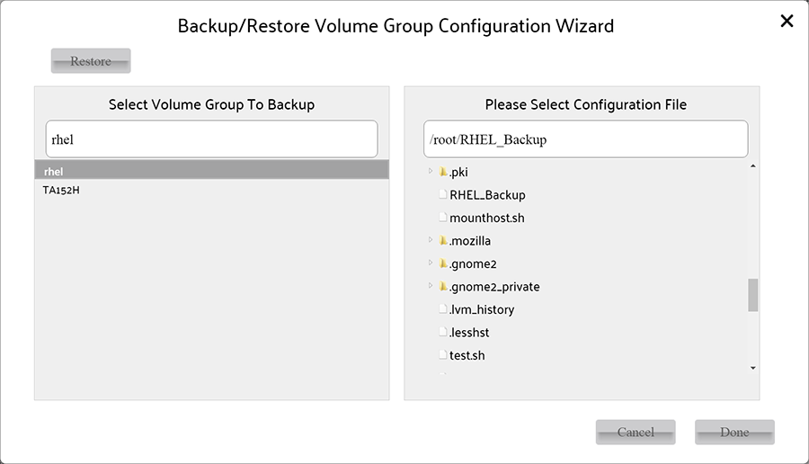 Restore Volume Group wizard
