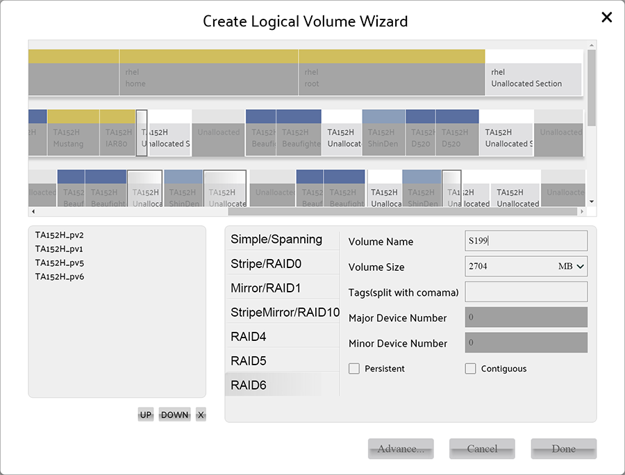 select at least 5 Physical Volumes for create raid 6 volume
